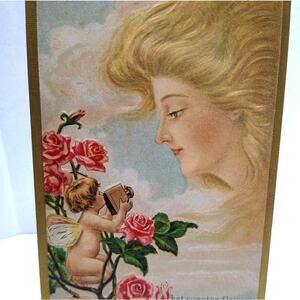 Fantasy Postcard Giant Blonde Goddess In Clouds Cherub Angel With Camera CC No57